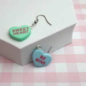 Love heart conversation heart valentine's valentine romance kiss pastel cute sweet Lolita candy dangle Earring earrings jewellery rave raver raving disco clubbing festival wear neon y2k clubwear hand made handmade cybertwee neon clubkid club kid carnival streetstyle harajuku street style cyber kinderwhore techno basement underground urban club kid klub kitsch party kei Altboy alternative style alt fashion clowncore aesthetic eboy egirl goblincore goth style grudge jfashion kidcore party kei pastel goth punk boy girl style queer LGBT shop buisness scenecore rainbowcore