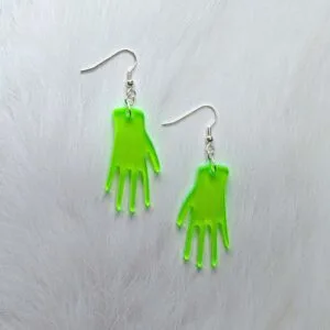 Hand hands good luck charm hold Lasercut laser cut design acrylic perspex plastic illustration green yellow pink neon semi translucent transparent neon rave fluorescent colours Earring earrings jewellery rave raver raving disco clubbing festival wear neon y2k clubwear hand made handmade cybertwee neon clubkid club kid carnival streetstyle harajuku street style cyber kinderwhore techno basement underground urban club kid klub kitsch party kei Altboy alternative style alt fashion clowncore aesthetic eboy egirl goblincore goth style grudge jfashion kidcore party kei pastel goth punk boy girl style queer LGBT shop buisness scenecore rainbowcore