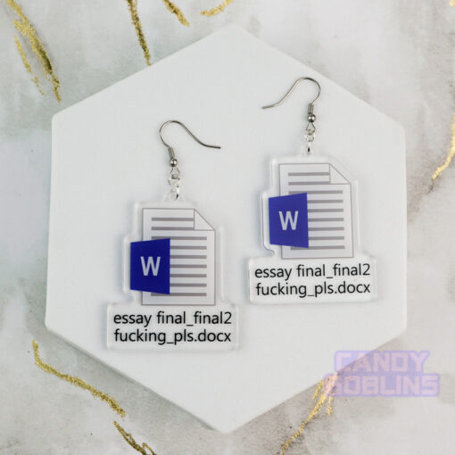 Word earrings dangle - Essay Uni University Back To School Acrylic Gift Quirky Relatable Icon Logo File Nerd Assignment Blue Keys