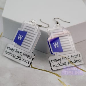 Word earrings dangle - Essay Uni University Back To School Acrylic Gift Quirky Relatable Icon Logo File Nerd Assignment Blue Keys