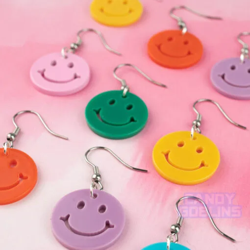 Smiley Earrings - Mismatch Rave Y2K Happy Acrylic Charm Festival Retro Colourful Yellow Orange Pink Purple Lightweight dopamine dressing maximalist fashion