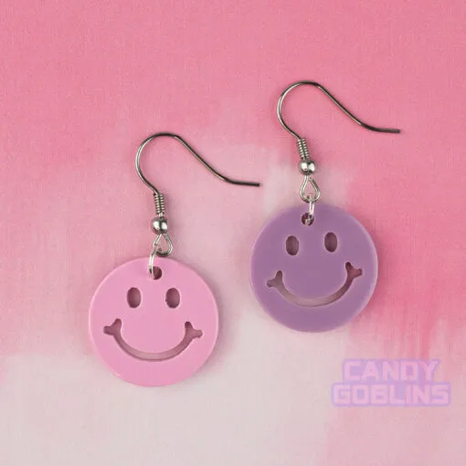 Smiley Earrings - Mismatch Rave Y2K Happy Acrylic Charm Festival Retro Colourful Yellow Orange Pink Purple Lightweight dopamine dressing maximalist fashion
