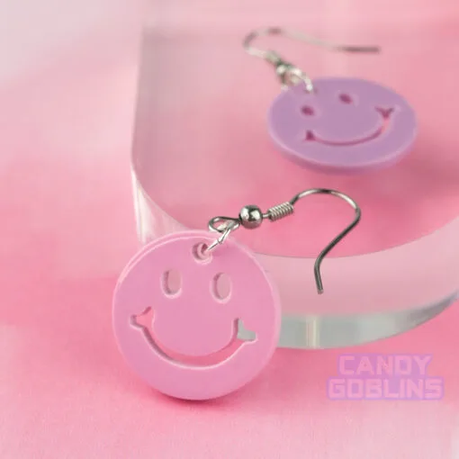 Smiley Earrings - Mismatch Rave Y2K Happy Acrylic Charm Festival Retro Colourful Yellow Orange Pink Purple Lightweight dopamine dressing maximalist fashion