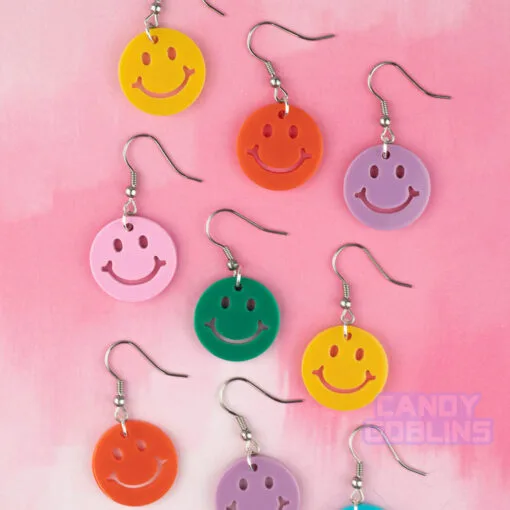 Smiley Earrings - Mismatch Rave Y2K Happy Acrylic Charm Festival Retro Colourful Yellow Orange Pink Purple Lightweight dopamine dressing maximalist fashion
