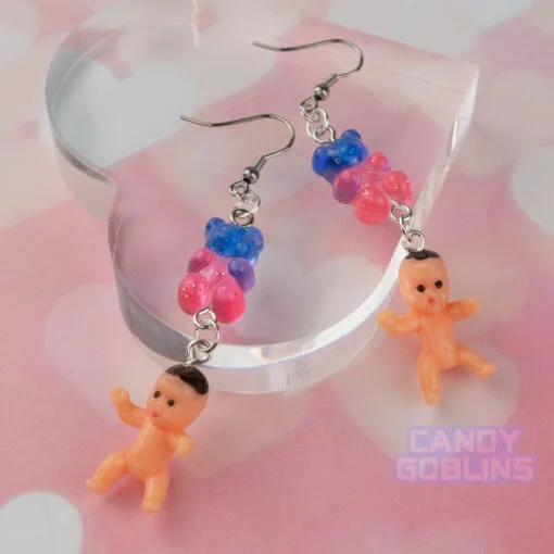 Baby & Bear Earrings - Gummy Bear Bisexual Purple Sweets Candy Lesbian Earrings Gift for Her Weird Jewellery UK