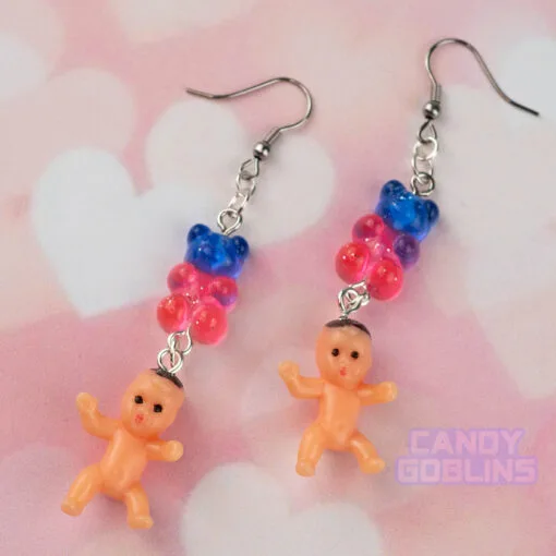 Baby & Bear Earrings - Gummy Bear Bisexual Purple Sweets Candy Lesbian Earrings Gift for Her Weird Jewellery UK