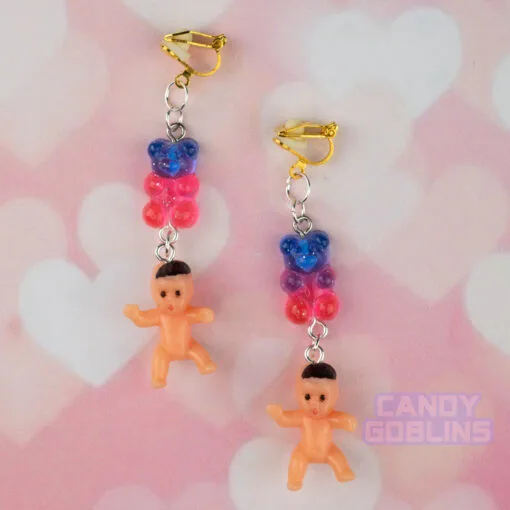 Baby & Bear Earrings - Gummy Bear Bisexual Purple Sweets Candy Lesbian Earrings Gift for Her Weird Jewellery UK