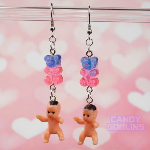 Baby & Bear Earrings - Gummy Bear Bisexual Purple Sweets Candy Lesbian Earrings Gift for Her Weird Jewellery UK