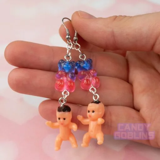 Baby & Bear Earrings - Gummy Bear Bisexual Purple Sweets Candy Lesbian Earrings Gift for Her Weird Jewellery UK