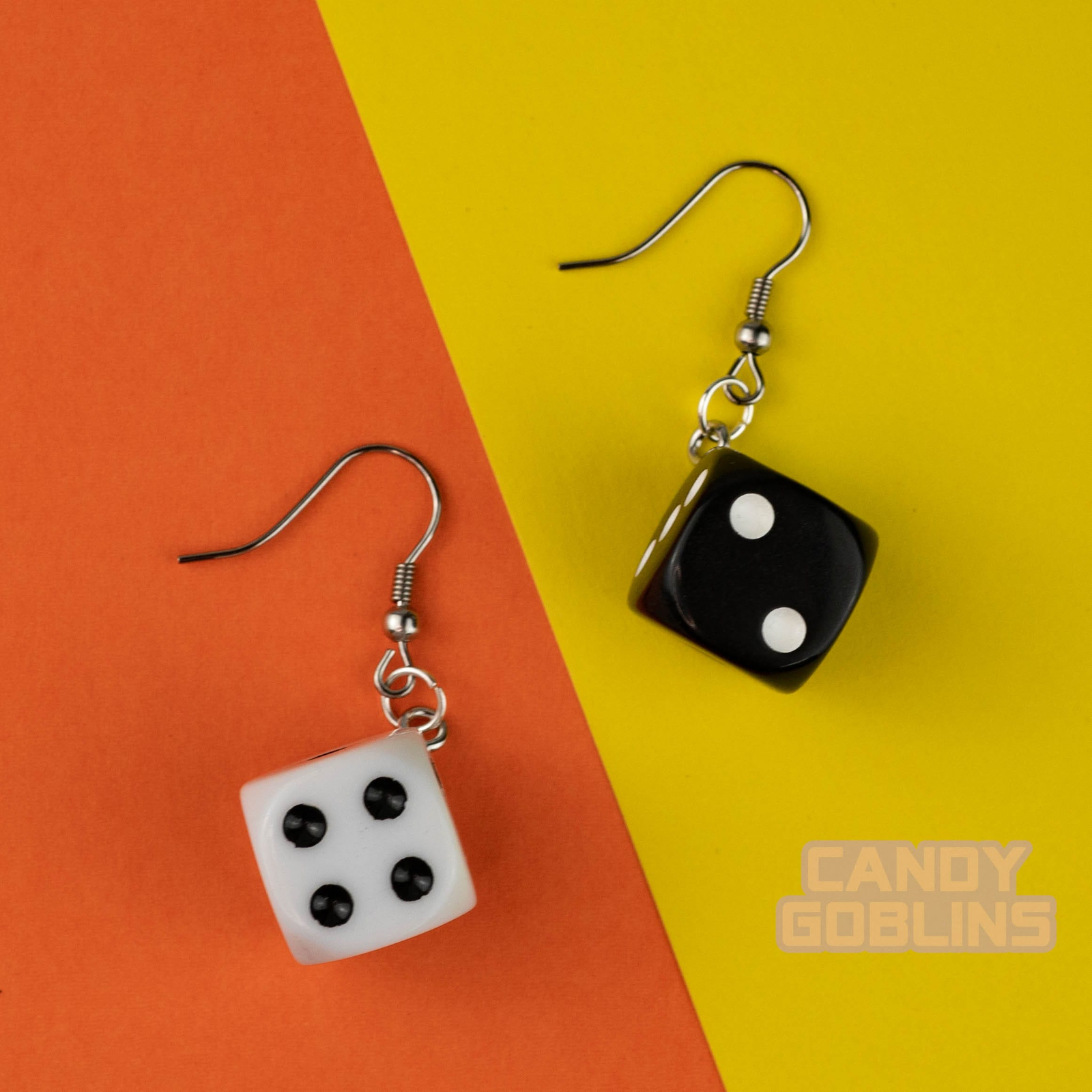 Dice Earrings – White & Black Plastic Casino Dangle Earrings, 1.5 Inch Long