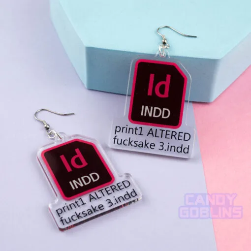 InDesign Earrings - Graphic Design Rude Fuck Swearing Illustration Art Relatable Acrylic Quirky Adobe Designer Icon Dangle INDD