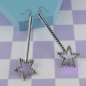 Wand Earrings - Magic Fairy Star Fairly Odd Parents Silver Kitsch Oversized Handmade UK Shiny Cosmo & Wanda