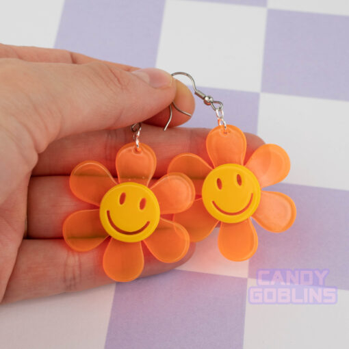 Smiley Face Flowers - 60s Psychedelic Neon Rave Y2K Happy Acrylic Charm Festival Retro Colourful Blue Orange Yellow