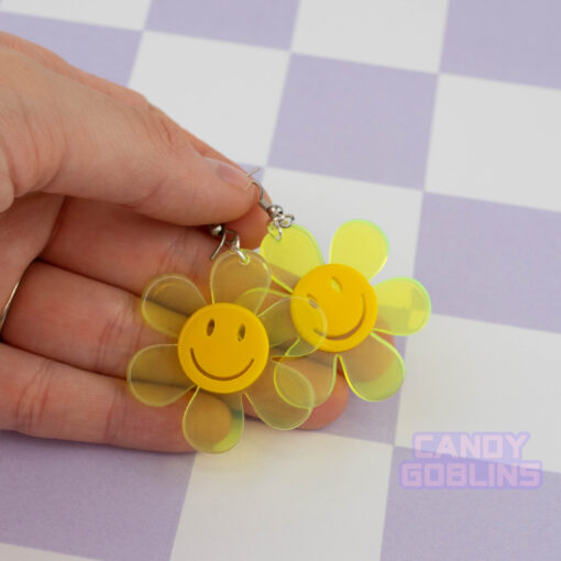 Smiley Face Flowers - 60s Psychedelic Neon Rave Y2K Happy Acrylic Charm Festival Retro Colourful Blue Orange Yellow