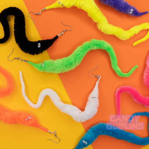 Worm on string earrings toy toys mismatch pair colourful statement lightweight meme novelty handmade UK neon funky quirky earring random colour