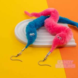 Worm on string earrings toy toys mismatch pair colourful statement lightweight meme novelty handmade UK neon funky quirky earring random colour