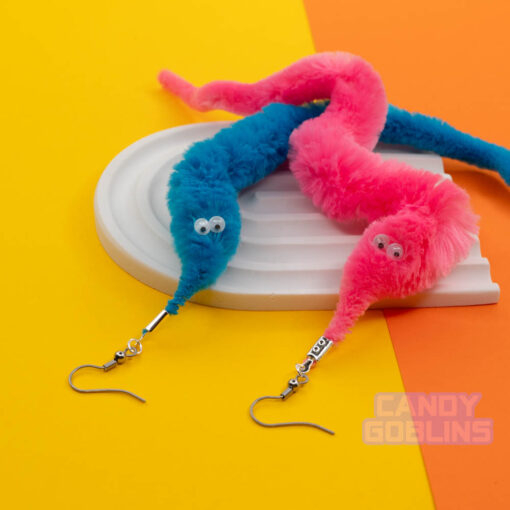 Worm on string earrings toy toys mismatch pair colourful statement lightweight meme novelty handmade UK neon funky quirky earring random colour