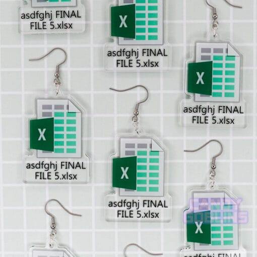 Multiple of our Excel Earrings are laid out against a green backdrop. They feature the Microsoft Excel logo, with text underneath that reads "asdfghj FINAL FILE 5.xlsx"