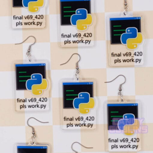 Lots of our Python Earrings are laid out against a pastel yellow backdrop. They feature the Python logo, with text underneath that reads "final v69_420 pls work.py".