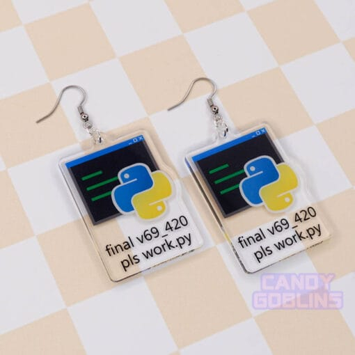 A pair of our Python Earrings are laid out against a pastel yellow backdrop. They feature the Python logo, with text underneath that reads "final v69_420 pls work.py".