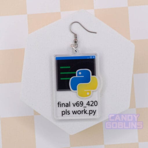 A single Python Earring is laid out against a white photo prop. The earring features the Python logo, with text underneath that reads "final v69_420 pls work.py".