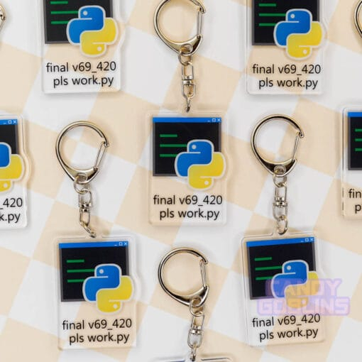 Multiple of our Python keychains are laid out against a pastel yellow backdrop. The keychain features the Python logo, with text underneath that reads "final v69_420 pls work.py".