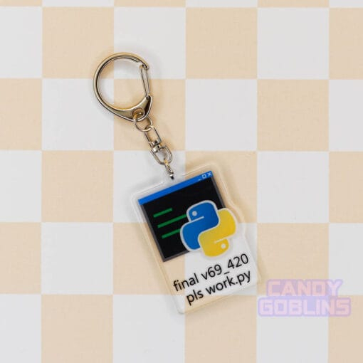 Our Python keychain is laid out against a pastel yellow backdrop. It features the Python logo, with text underneath that reads "final v69_420 pls work.py".