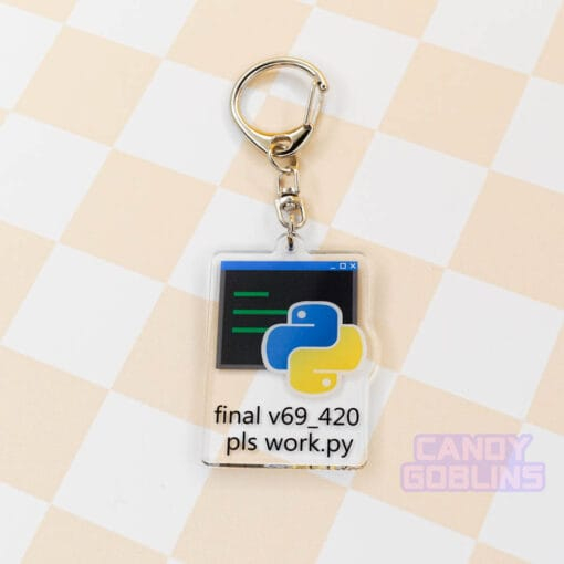 Our Python keychain is laid out against a pastel yellow backdrop. It features the Python logo, with text underneath that reads "final v69_420 pls work.py".