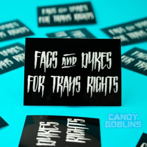 A Fags and Dykes for Trans Rights sticker is posed in the middle against a cyan background.