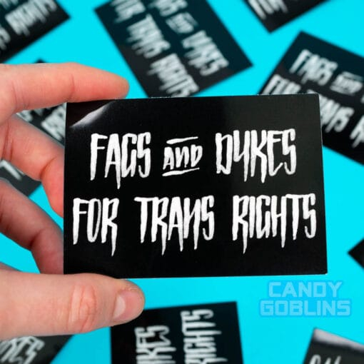 A Fags and Dykes for Trans Rights sticker is held up by a lesbian. In the background you can see more of the same sticker.