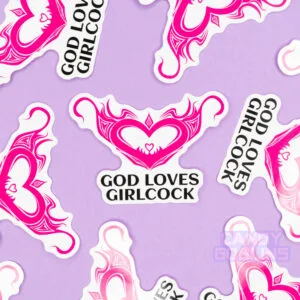 A purple background has stickers God Loves Girlcock Stickers scattered across it.