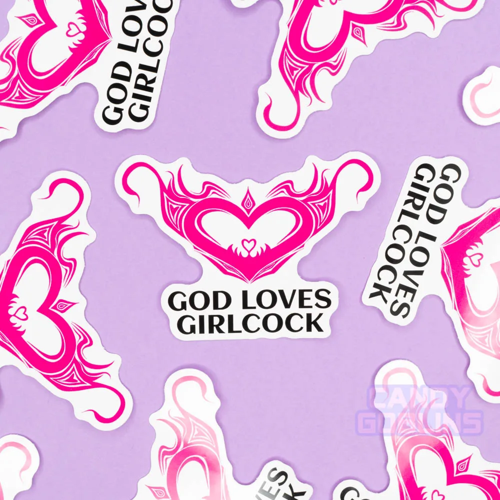A purple background has stickers God Loves Girlcock Stickers scattered across it.