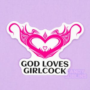 A sticker against a purple background. The sticker reads God Loves Girlcock, and above is a hentai womb tattoo design.