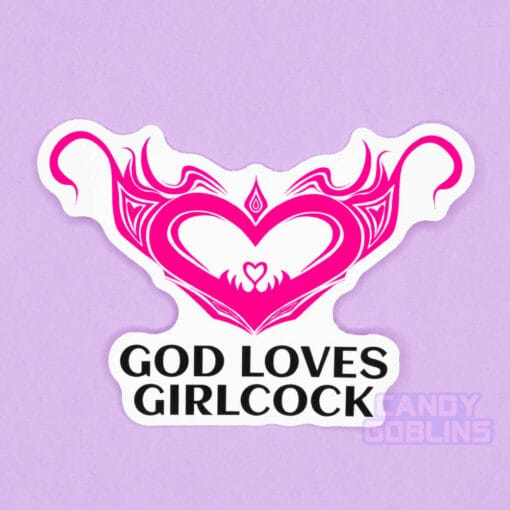A sticker against a purple background. The sticker reads God Loves Girlcock, and above is a hentai womb tattoo design.