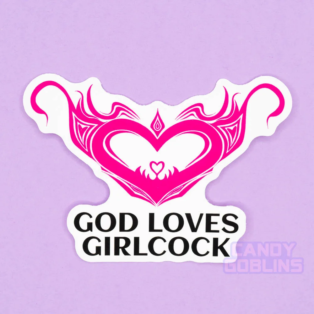A sticker against a purple background. The sticker reads God Loves Girlcock, and above is a hentai womb tattoo design.