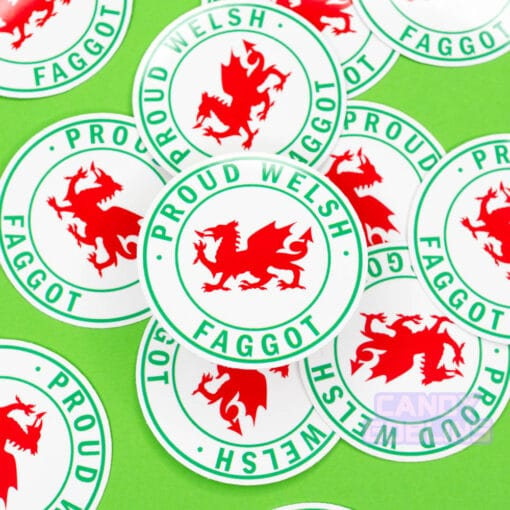 Stickers are scattered across a green background. The stickers have Welsh dragons on them, and text around it reads "Proud Welsh Faggot"