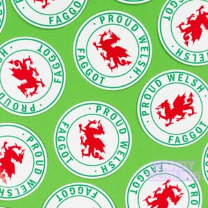 Stickers are scattered across a green background. The stickers have Welsh dragons on them, and text around it reads 
