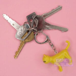 A yellow cat keychain hangs from a set of keys