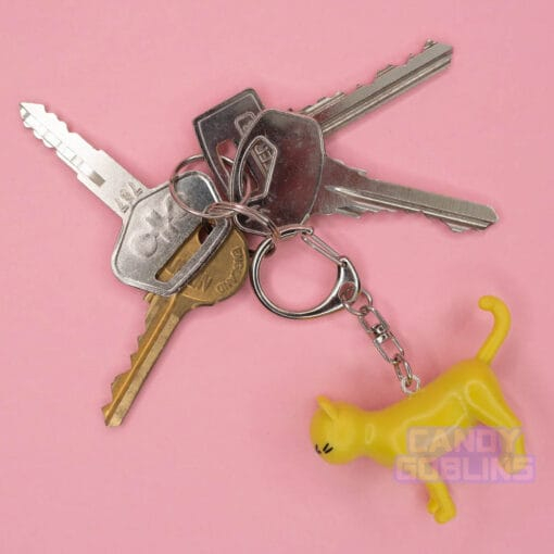 A yellow cat keychain hangs from a set of keys