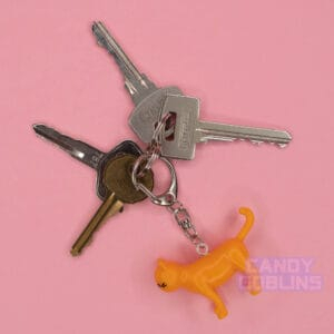 An orange cat keychain hangs from a set of keys
