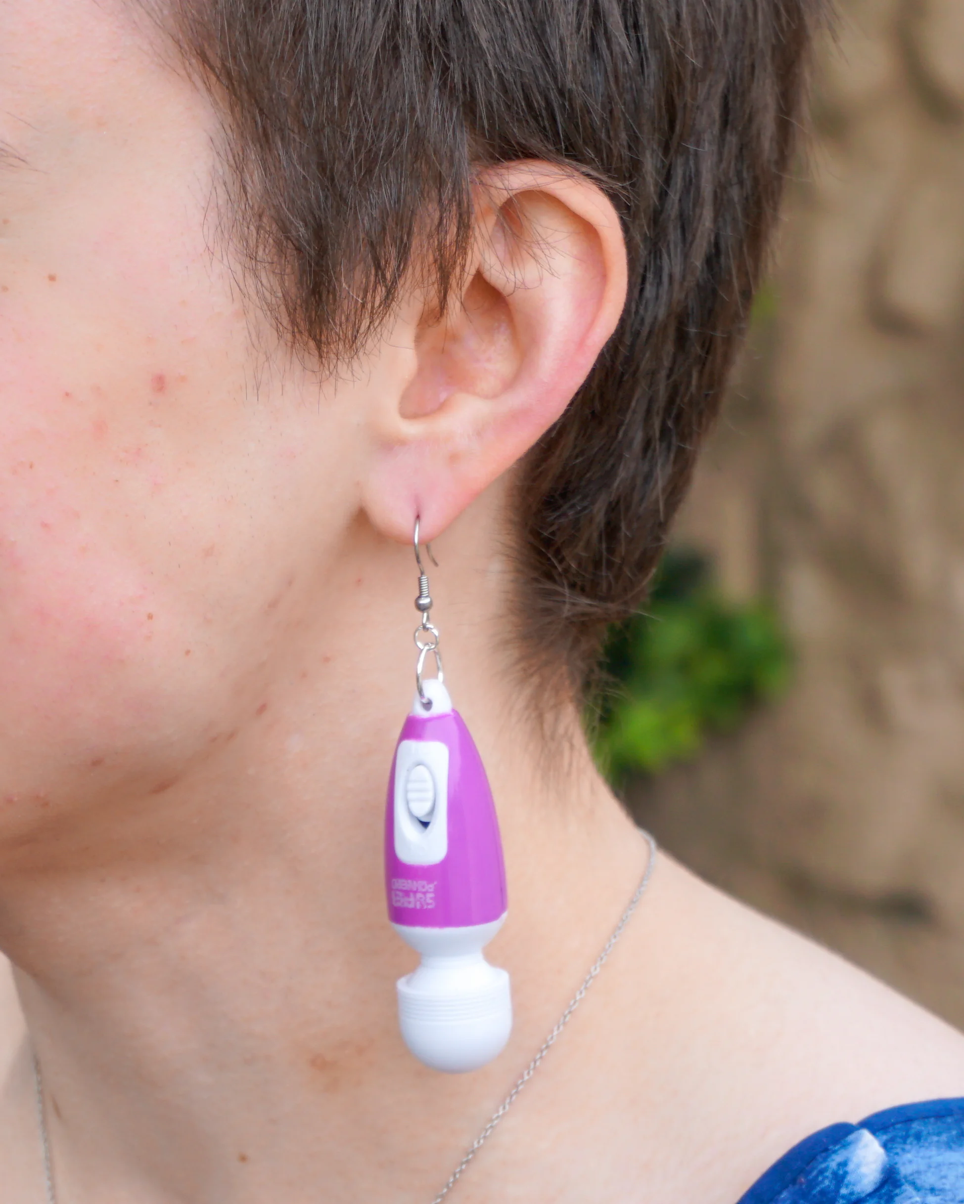 Vibe vibrator sex toy Hitachi magic wand lube blue batteries included quirky feminist sex positive feminism Earring earrings jewellery rave raver raving house party disco clubbing ibiza festival wear neon y2k clubwear hand made handmade cybertwee neon clubkid club kid carnival streetstyle harajuku street style cyber kinderwhore funky groovy techno basement underground urban kidcore kid core clubkid club kid klub goblin goblincore kitsch