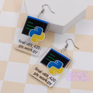 A pair of our Python Earrings are laid out against a pastel yellow backdrop. They feature the Python logo, with text underneath that reads