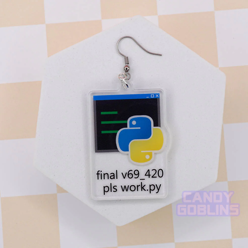 A single Python Earring is laid out against a white photo prop. The earring features the Python logo, with text underneath that reads "final v69_420 pls work.py".